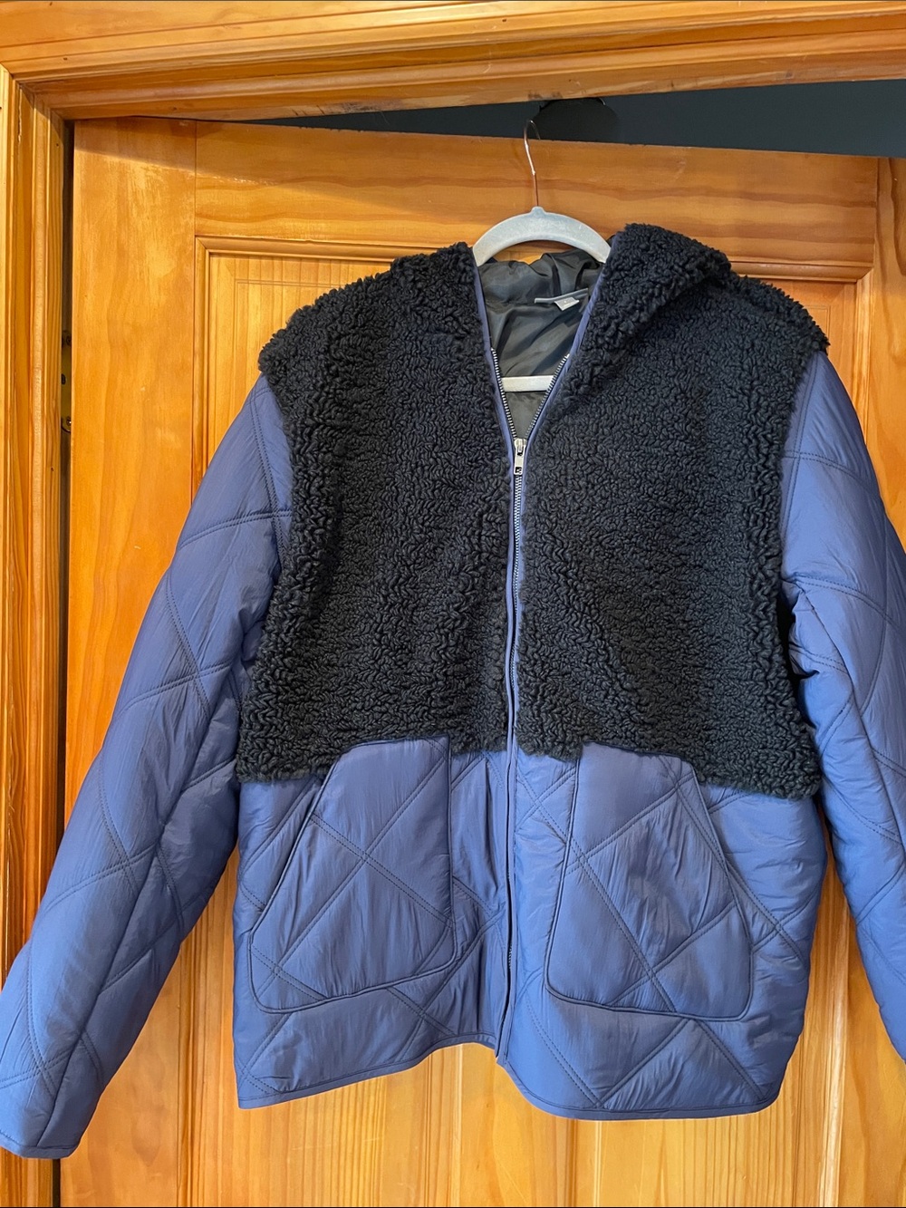 NWOT Quilted Blue Jacket with Black Sherpa Hood